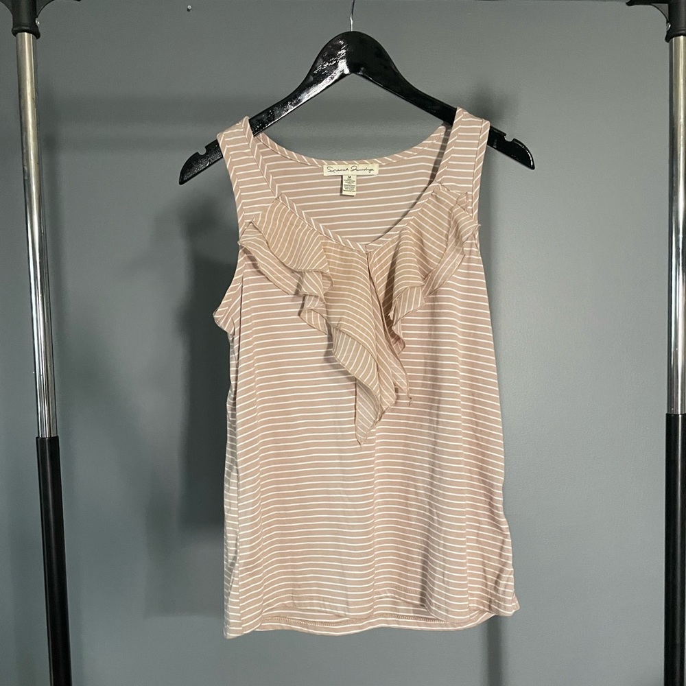 Taupe Tank with White Stripes & Chiffon Ruffle Collar Detail
